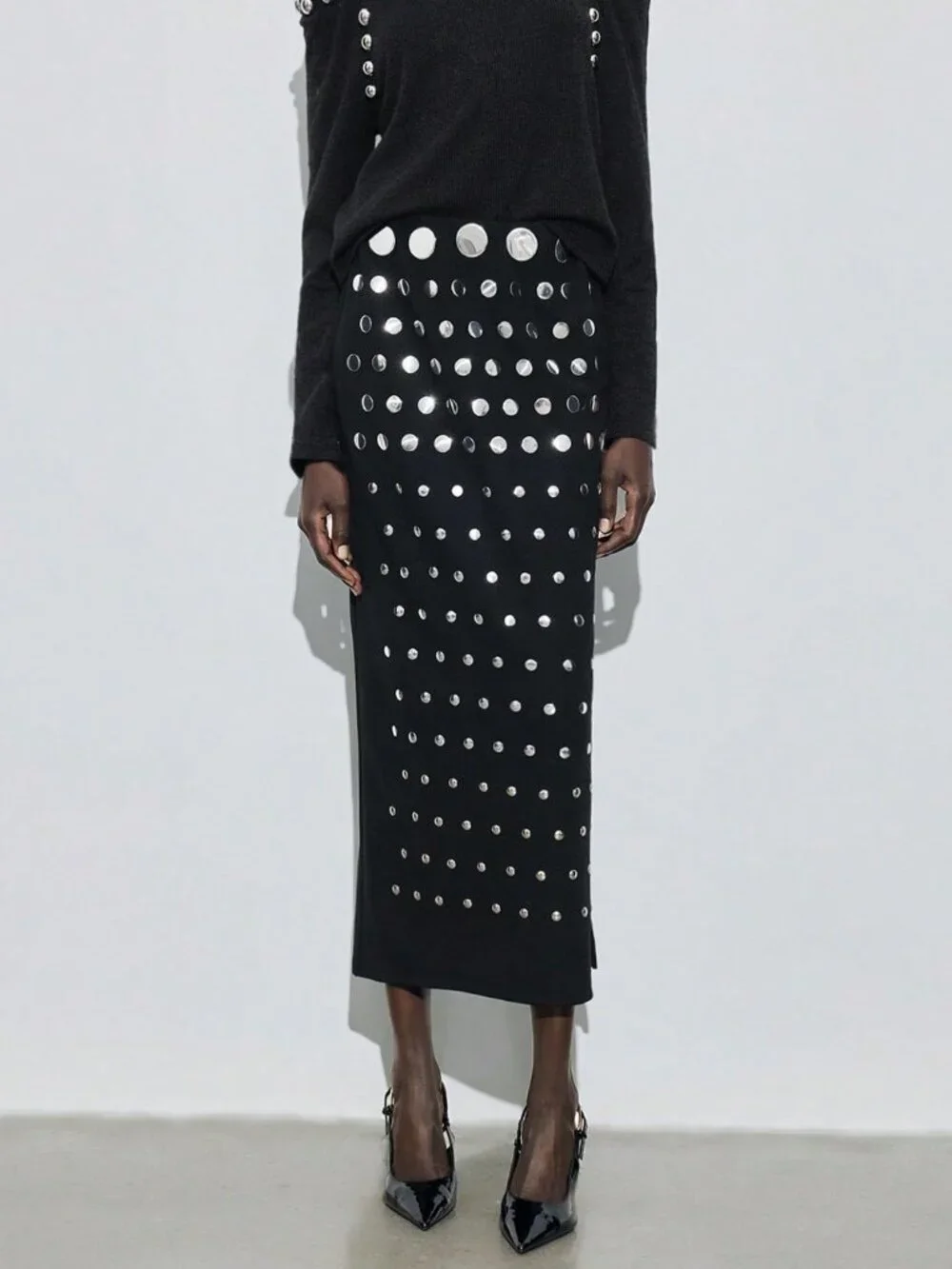 Black Elegant Studded Women's Straight Skirt